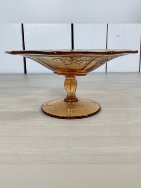 Vintage Etched Amber Depression Glass Pedestal Dish 6" x 3", Cambridge Glass